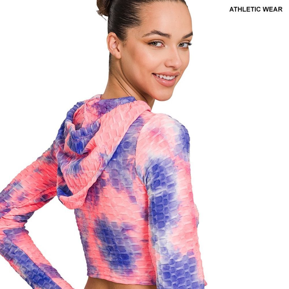 Zenana Pink Blue Tie Dye Cropped Hoodie Stretch Athleisure Top NWT - Picture 3 of 8